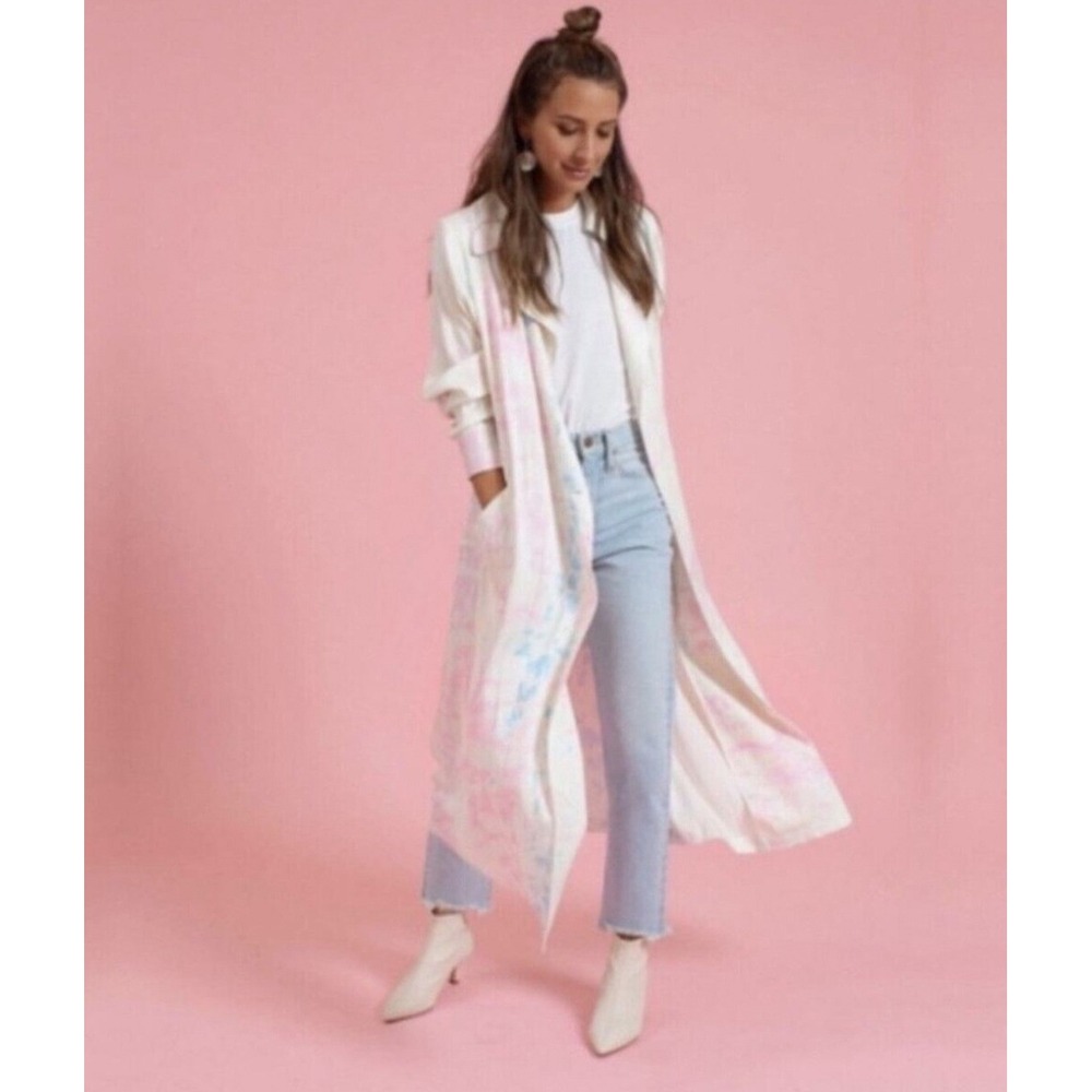 Something Navy Women Tie Dye Duster Satin Coat Pink Blue Rayon Longline Jacket M